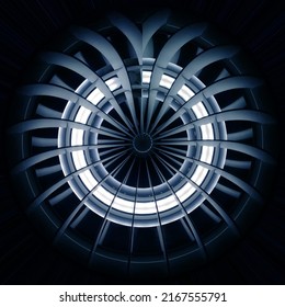 Turbine. Round rotating object. resembling domed roof. Abstract industrial design or modern architectural element. Hi-tech geometric background of circular shape. Radial metal structure.