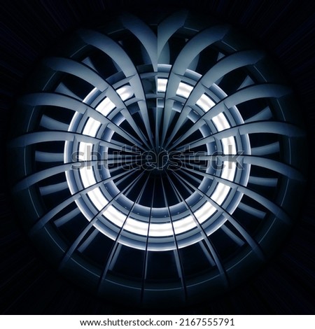 Turbine. Round rotating object. resembling domed roof. Abstract industrial design or modern architectural element. Hi-tech geometric background of circular shape. Radial metal structure.