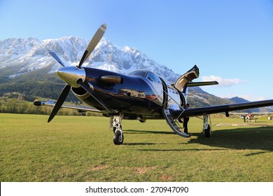 Turboprop Aircraft PILATUS PC 12 NG On The Ground In Alpen. Austria 17th April 2014