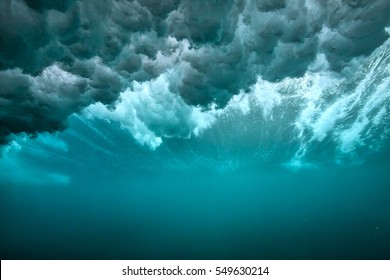 Turbulence Air bubbles effect of under wave shot underwater in open ocean