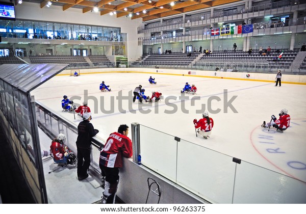 TURIN - FEBRUARY 25:\
The ice rink of qualification\'s match between Italy and Czech\
Republic. Ice Sledge Hockey tournament “Città di Torino” on\
February 25, 2012 Turin,\
Italy.
