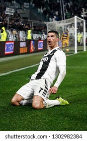 Turin, Italy. 02 February 2019. Campionato Italiano di SerieA, Juventus vs Parma 3-3. Cristiano Ronaldo, Juventus, celebrating the goal.