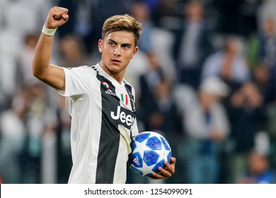 Turin, Italy, 02 October 2018. UEFA Champions League, Juventus vs Young Boys 3-0. Paulo Dybala, with the ball for the three goals scored, celebrates at the end of the match.