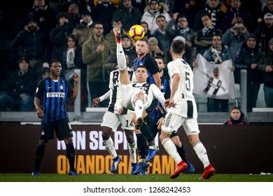 Turin, Italy, 07 December 2018. Campionato Italiano Serie A, Juventus-Inter 1-0. Cristiano Ronaldo, Juventus, doing bicycle kick.