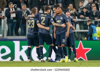 Turin, Italy. 07 November 2018. UEFA Champions League, Juventus Vs Manchester United 1-2. Players Of Manchester United Celebrating Victory.