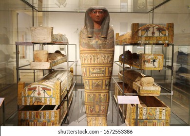 Turin, Italy - 07/04/2018: Exhibition of mummies, artifacts and Egyptian finds at the Egyptian Museum of Turin