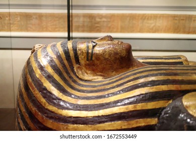 Turin, Italy - 07/04/2018: Exhibition of mummies, artifacts and Egyptian finds at the Egyptian Museum of Turin