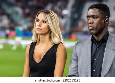 Turin, Italy. 14 September 2022. UEFA Champions League 2022-23. Juventus VS Benfica 1-2. Giulia Mizzoni And Clarence Seedorf, Commentators Amazon.