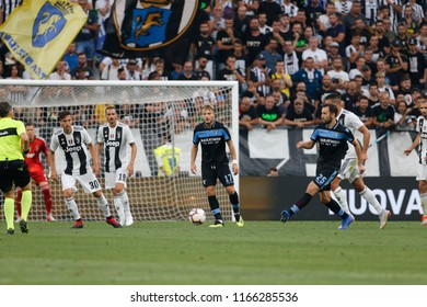 Turin, Italy. 25 August 2018. Campionato Italiano Di SerieA, Juventus Vs Lazio 2-0. Milan Badelj And Ciro Immobile, Lazio 