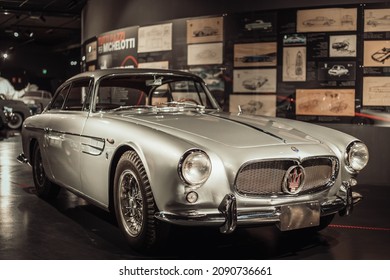 Turin, Italy. 4th Of December, 2021. Front View To The Silver 1954 Maserati A6G 54 Sportscar. Car Parked In The Museum With Old School Paintings At The Background. 