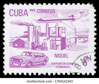 TURIN, ITALY - APRIL 14, 2020: A Stamp Printed In CUBA Celebrating Export Industry And Showing Image Of A Nickel Processing Plant , Exports Series, Circa 1982