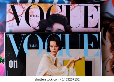 Turin, Italy - April 16, 2019: heap of Vogue Italia fashion magazines