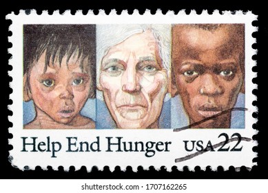 TURIN, ITALY - APRIL 18, 2020: A Stamp Printed In USA, Help End Hunger Campaign, Circa 1985