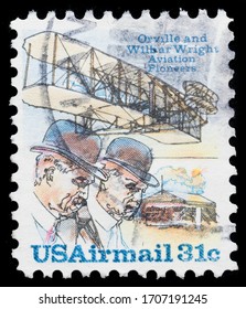 TURIN, ITALY - APRIL 18, 2020: A Stamp Printed In USA Celebrating Aviation Pioneers Orville And Wilbur Wright, Circa 1978