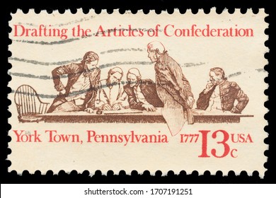 TURIN, ITALY - APRIL 18, 2020: A Stamp Printed In USA Commemorating The 200th Anniversary Of The Drafting Of The Articles Of Confederation, Bicentennial Series, Circa 1977