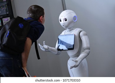 Turin, Italy - April 2018: "Pepper" robot assistant with information screen in duty to give information