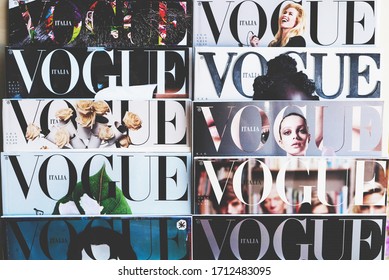 Turin, Italy - April 2019: Heap of Vogue Italia magazines, Italian edition of Vogue magazine, the top fashion magazine in the world.