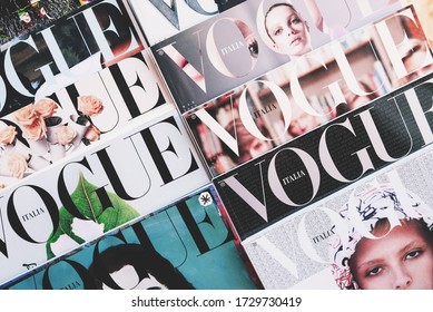 Turin, Italy - April 2020: Heap of Vogue Italia magazines, Italian edition of Vogue magazine, the top fashion magazine in the world.