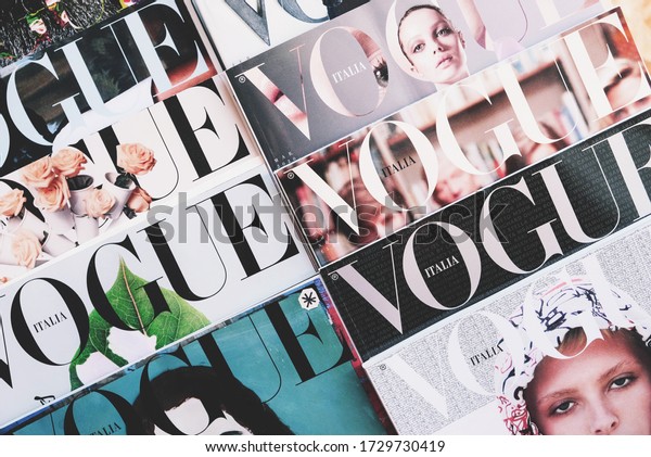 Turin, Italy - April 2020: Heap of Vogue Italia\
magazines, Italian edition of Vogue magazine, the top fashion\
magazine in the world.