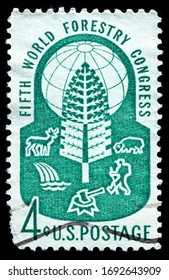 TURIN, ITALY - APRIL 3, 2020: A Stamp Printed In USA Commemorating The 5th World Forestry Congress, In Seattle, Circa 1960