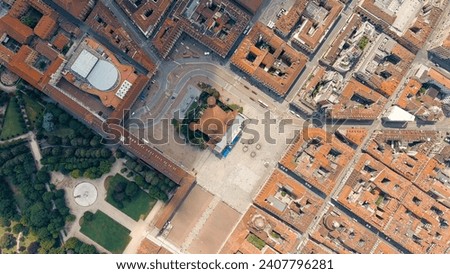 Turin, Italy. Castle Palazzo Madama. Piazza Castello square. Panorama of the city. Summer day, Aerial View  