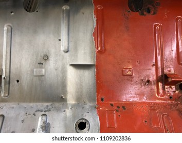 TURIN, ITALY, CIRCA FEBRUARY 2018: A Half Metal Car Surface Red Painted And Half Silver.