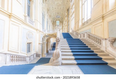 TURIN, ITALY - CIRCA JUNE 2021: The Most Beautiful Baroque Staircase Of Europe Located In Madama Palace (Palazzo Madama). Interior With Luxury Marbles, Windows And Corridors.