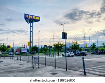 TURIN, ITALY, CIRCA MAY 2018: Ikea Symbol On One Of The Biggest Store Of The Country. HDR Effect.