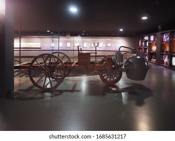 TURIN, ITALY - CIRCA NOVEMBER 2019: Vintage Cugnot Car (the World's First Vehicle) At Turin Car Museum