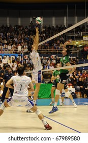 TURIN, ITALY- DECEMBER 29: Vladimir Nikolov (Lannutti) Strikes The Ball At Final Volleyball Match Italian Supercup Lannutti Bre Banca Cuneo Vs. Itas Diatec Trento, December 29, 2010 Turin, Italy.