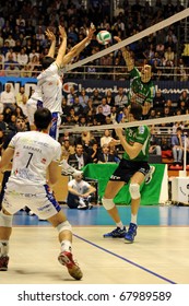 TURIN, ITALY- DECEMBER 29: Vladimir Nikolov (Lannutti) Strikes The Ball At Final Volleyball Match Italian Supercup Lannutti Bre Banca Cuneo Vs. Itas Diatec Trento, December 29, 2010 Turin, Italy.