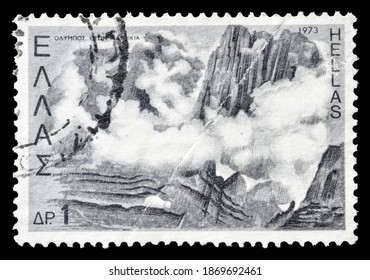 TURIN, ITALY - DECEMBER 8, 2020: A Stamp Printed In GREECE Showing Image Of Mount Olympus, Home Of The Gods, Greek Mythology - Museum Pieces Series, Circa 1973