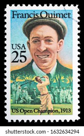 TURIN, ITALY - FEBRUARY 1, 2020: A Stamp Printed In USA Showing US Open Champion Francis Ouimet, Circa 1988