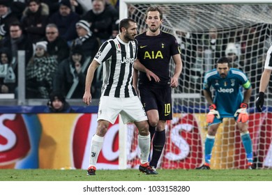 Turin, Italy. February 13, 2018. UEFA Champions League, Juventus - Tottenham 2-2. Giorgio Chiellini, Juventus And Harry Kane, Tottenham.