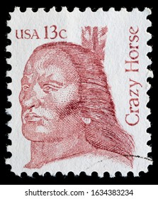 TURIN, ITALY - FEBRUARY 3, 2020: A Stamp Printed In USA Showing Sioux Leader Crazy Horse, Circa 1982