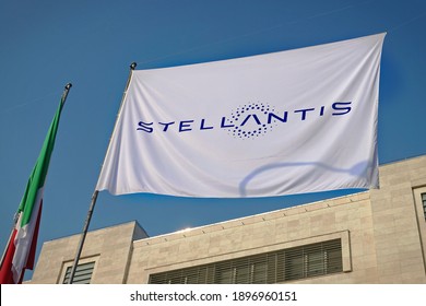 Turin, Italy - January 18, 2021 The Stellantis logo and new flags are installed at Mirafiori. Stellantis was created from the merger of the Fiat Chrysler Automobiles and PSA industrial groups.