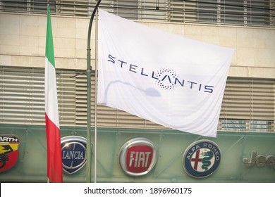 Turin, Italy - January 18, 2021 The Stellantis logo and new flags are installed at Mirafiori. Stellantis was created from the merger of the Fiat Chrysler Automobiles and PSA industrial groups.