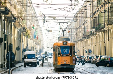 TURIN, ITALY - JANUARY 2011: Tram Train For Public Transport In Via Po, Historical Center Of The City Of Turin. Tram Is One Of Turin's Characteristic Public Transportation