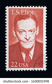 TURIN, ITALY - JANUARY 29, 2020: A Stamp Printed In USA Showing The Portrait Of The American Poet T. S. Eliot, Circa 1986