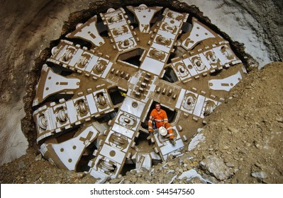 Turin, Italy - June 4, 2010: Tunnel boring machine at construction site of metro