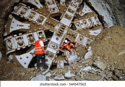 Turin, Italy - June 4, 2010: Tunnel boring machine at construction site of metro