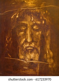TURIN, ITALY - MARCH 13, 2017: The painting of Jesus Christ face from Shroud of Turin in church Chiesa di San Giuseppe by unknown artist of  20 cent.
