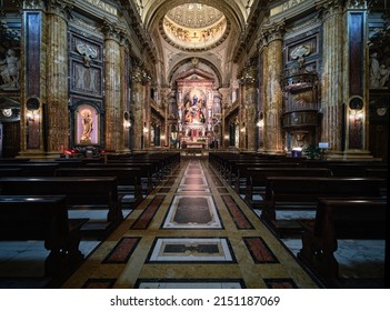 Turin, Italy - March 2022: An interior view of the Maria Ausiliatrice Sanctuary.The sanctuary was commissioned by San Giovanni Bosco, and is surrounded by a vast area, called Valdocco