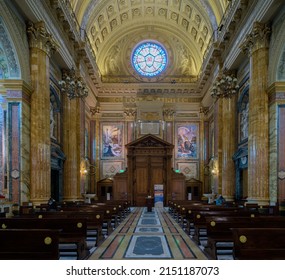 Turin, Italy - March 2022: An interior view of the Maria Ausiliatrice Sanctuary and its main entrance. The sanctuary was commissioned by San Giovanni Bosco