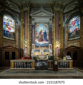 Turin, Italy - March 2022: An interior view of the Maria Ausiliatrice Sanctuary and the San Giuseppe Altar. The sanctuary was commissioned by San Giovanni Bosco.
