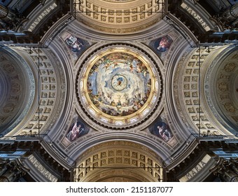 Turin, Italy - March 2022: An interior view of the ceiling if the Maria Ausiliatrice Sanctuary. The sanctuary was commissioned by San Giovanni Bosco, and is surrounded by a vast area, called Valdocco