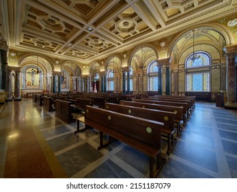 Turin, Italy - March 2022: An interior view of the Maria Ausiliatrice Sanctuary.The sanctuary was commissioned by San Giovanni Bosco, and is surrounded by a vast area, called Valdocco