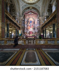 Turin, Italy - March 2022: An interior view of the Maria Ausiliatrice Sanctuary, with the main altar and the Maria Ausiliatrice fresco