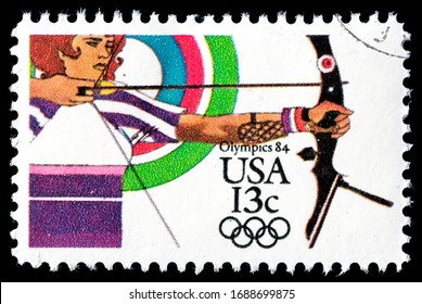 TURIN, ITALY - MARCH 24, 2020: A Stamp Printed In USA Commemorating The 1984 Summer Olympics Games, Archery, Circa 1984