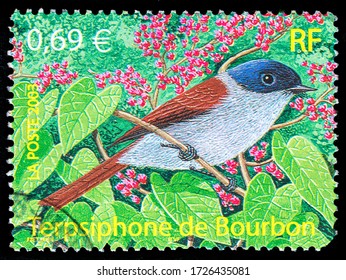 TURIN, ITALY - MAY 7, 2020: A Stamp Printed In FRANCE Showing Image Of A Mascarene Paradise Flycatcher (Terpsiphone Bourbonnensis), Circa 2003